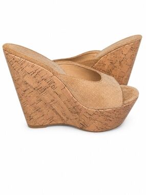 Tan Faux Suede Cork Platform Wedge Slide Sandals